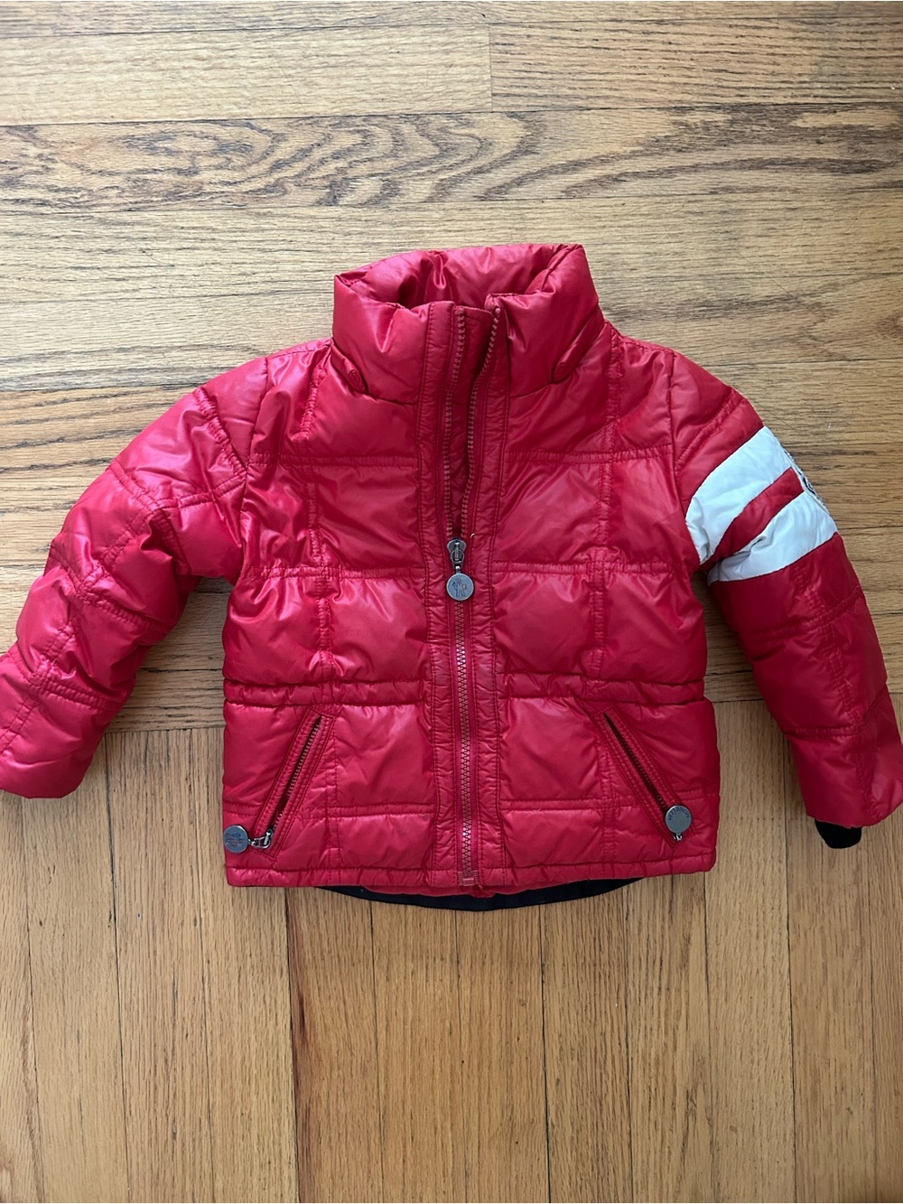 Moncler toddler Red Puffer Jacket with White Sleeve Stripe